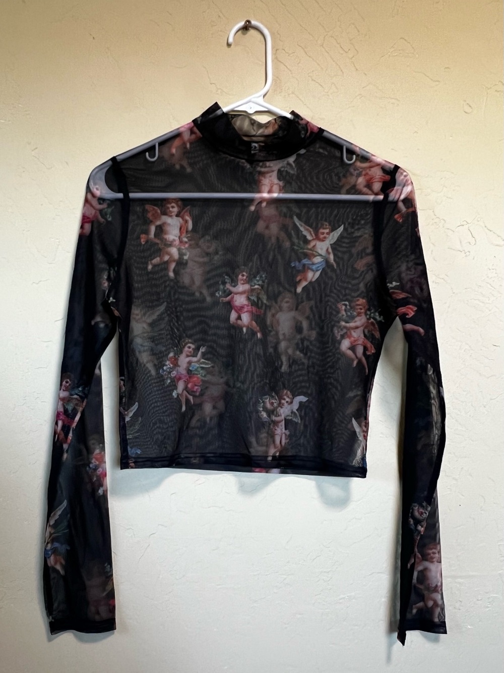 Sheer Black Angel-Print Long Sleeve Mesh Top